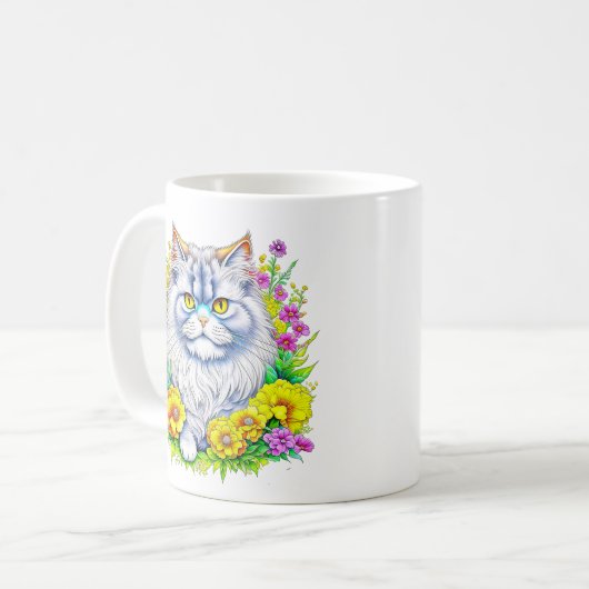 Witte Perzische Kat in Bloemen Koffiemok (Voorkant links)