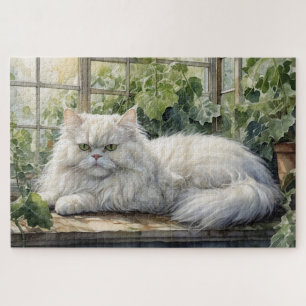 Witte Perzische kat in een tuin Legpuzzel