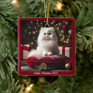 Witte Perzische Kat Kerstmis Keramisch Ornament