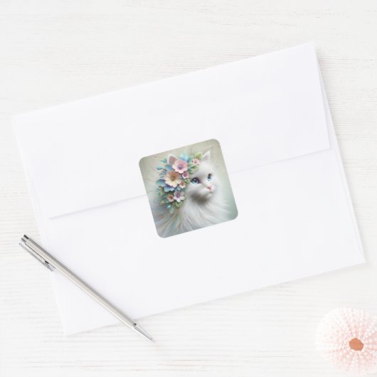 Witte Perzische kat met bloemlaurier Vierkante Sticker (Envelop)