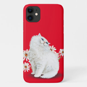 witte Perzische kat met madeliefje iPhone 11 Hoesje