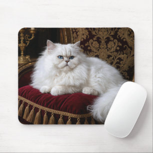 Witte Perzische kat op een fluwelen kussen van een Muismat