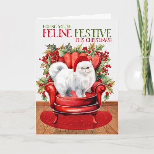 Witte Perzische Kerstmis Kat FELINE Feestelijk Feestdagen Kaart (Voorkant)