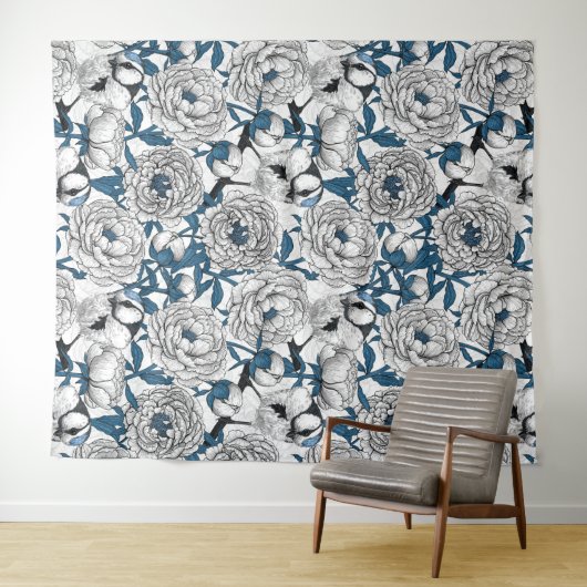 Witte pinda's en blauwe stifvogels wandkleed (In Situ (horizontaal))