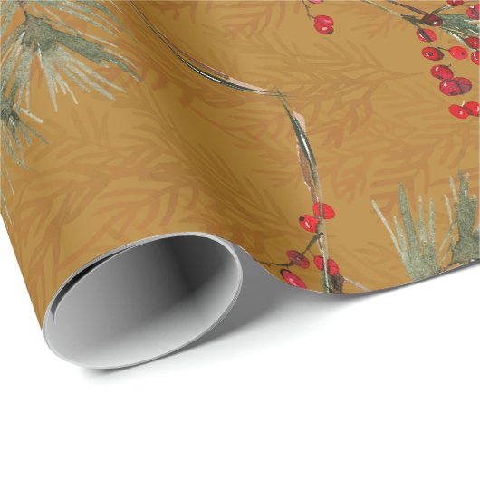Witte Pine Branch Rood Ilex bessen Goud Cadeaupapier (Rol Hoek)