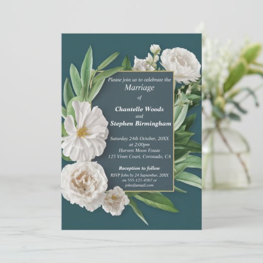 Witte Pioen Bloemen Bruiloft Kaart (Staand voorkant)
