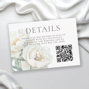 Witte Pioen Bloemige Trouwdetails QR-code Informatiekaartje
