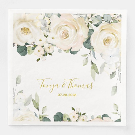 Witte Pioen Epifanie Trouw Dinner Servetten (Voorkant)