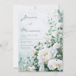 Witte Pioen Mint Groen Goud Aquarel Bruiloft Kaart