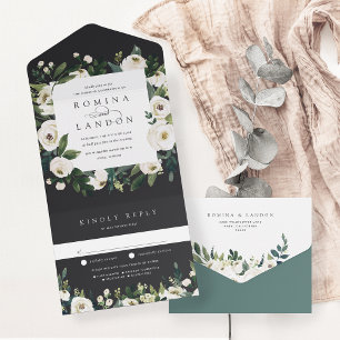 Witte Pioen   Waterverf Bloemstuk Bruiloft All In One Uitnodiging