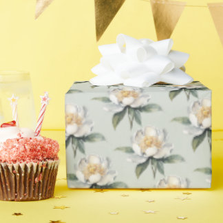 Witte Pioen Zachte Saliegroen Naadloos Patroon Cadeaupapier