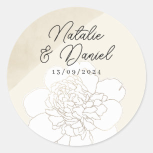 Witte pioenen bloesems bruiloft ronde sticker