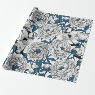 Witte pioenen en blauwe meesvogels cadeaupapier
