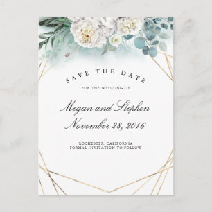 Witte Pioenen en Goud Lijst Modern Save the Date Aankondigingskaart