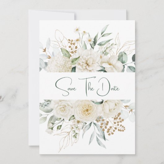 Witte pioenen Rozen Eucalyptus Bewaar de datum Save The Date (Voorkant)