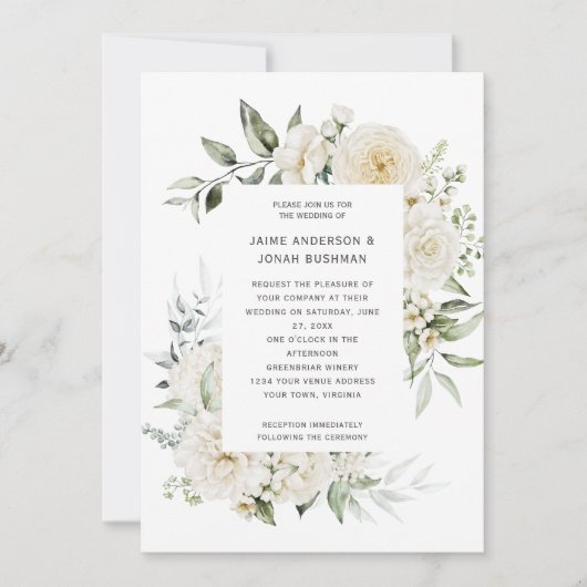 Witte pioenen Rozen eucalyptus bruiloft uitnodigin Kaart (Voorkant)