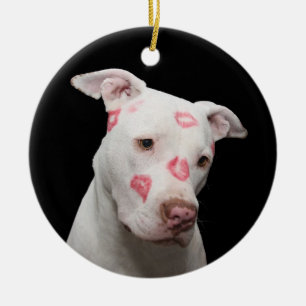 Witte Pit Bull met Kusjes Keramisch Ornament