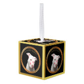 Witte pitbull met rode kussen over zijn gezicht. ornament (Achter hoekig)