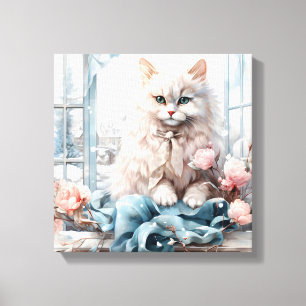 Witte pluizige blauwe oog kat in een raam canvas afdruk