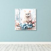 Witte pluizige blauwe oog kat in een raam canvas afdruk (Insitu (Houten vloer))