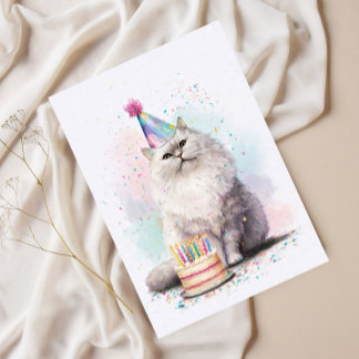 Witte pluizige verjaardagskat - Party Pet Cat Briefkaart