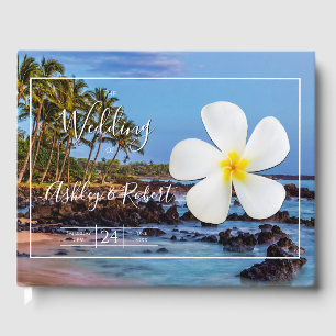 Witte Plumeria Bloem met Tropisch Strand, Bruiloft Gastenboek