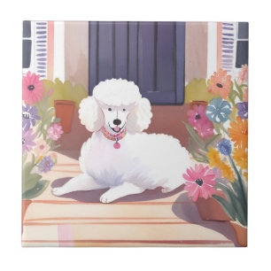 Witte poedel   Hond huisdier aquarel bloemen Tegeltje