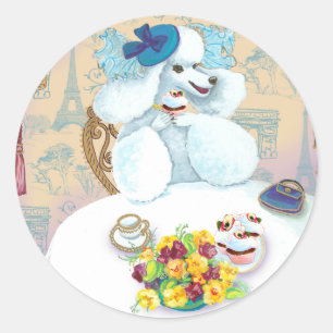 Witte Poedel Tea Party met Cupcakes Ronde Sticker