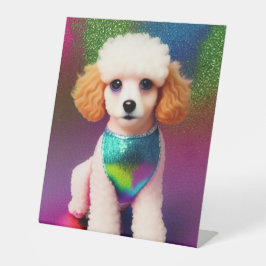 Witte poel met kreukeloortjes op regenboogsparren reclamebord met voetstuk