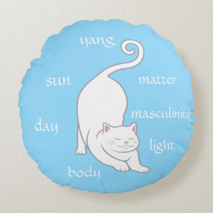 Witte poes kat yoga & bewerkbare tekst op turquois rond kussen