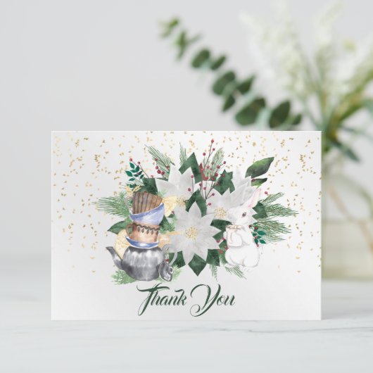  witte Poinsettia konijn Kerstmis Bedankkaart (Staand voorkant)