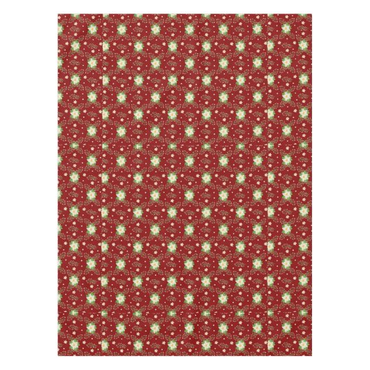 Witte Poinsettias Groene bladeren Kerstmis op Rood Tafelkleed (Voorkant)