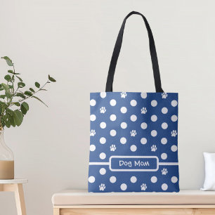 Witte Polka-Dot Paw Prints Blauw Personaliseren Draagtas