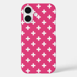 Witte polka kruist op fuchsia iPhone 16 hoesje