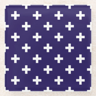 Witte polka kruist op marineblauw glazen onderzetter