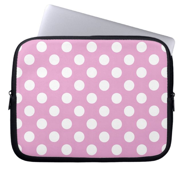 Witte polka stippen op bleek roze laptop sleeve (Voorkant)