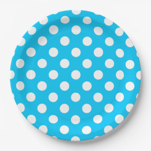 Witte polka stippen op elektrisch blauw papieren bordje