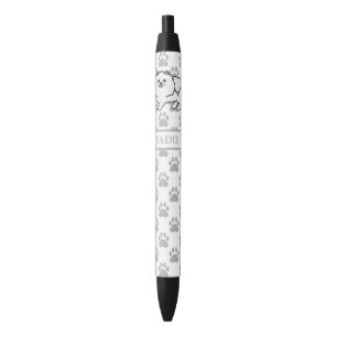 Witte Pomeranian Lieve Cartoonhond & Naam Zwarte Inkt Pen