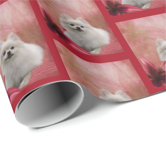 Witte pommeren hond bloemen cadeaupapier (Rol Hoek)