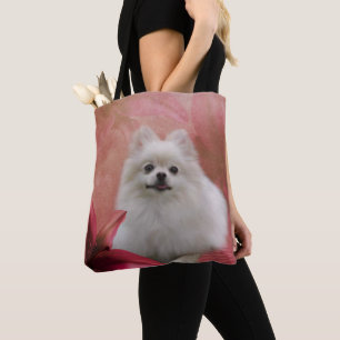 Witte pommeren hond bloemen draagtas