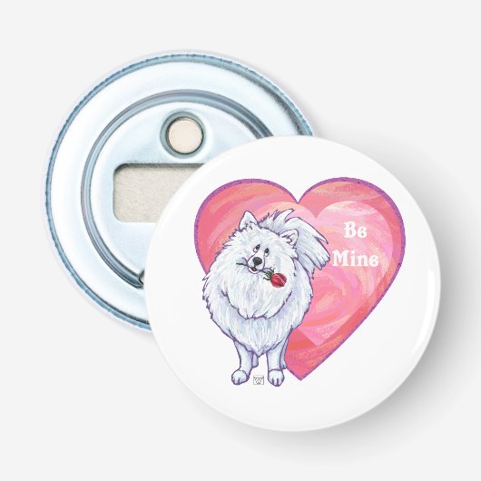 Witte Pommeren Valentijnsdag Button Flesopener (Voorkant)