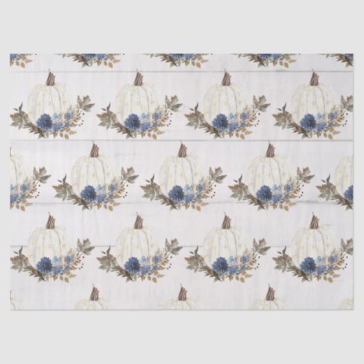 Witte Pompoen Blauwe Bloem w Fall Bladeren Waterve Tissuepapier (Voorkant)