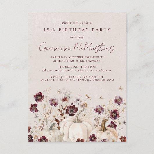 Witte pompoen Bourgondië Wildflower 18e verjaardag Uitnodiging Briefkaart (Voorkant)