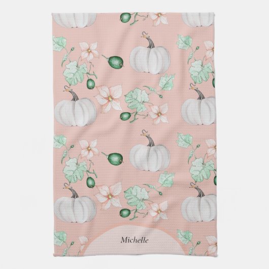 Witte pompoen en bloemen Waterverf kunstpatroon Theedoek (Verticaal)