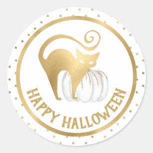Witte Pompoen en Gouden Kat stippen Halloween Ronde Sticker