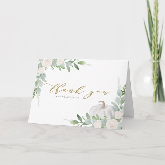 Witte pompoen en groen Herfst Baby shower Bedankkaart (Voorkant)