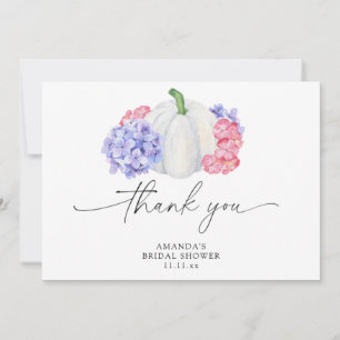 Witte pompoen en hortensia bloemen bruidsdouche bedankkaart
