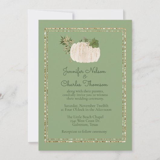 Witte Pompoen Groene Trouw Uitnodiging (Voorkant)