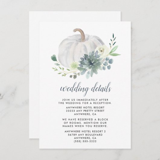 Witte pompoen Succulent Elegant Greenery Wedding Informatiekaartje (Voorkant / Achterkant)