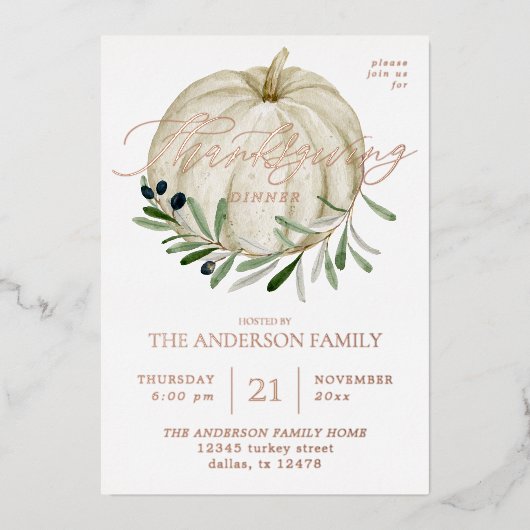 Witte pompoen Thanksgiving Folie Uitnodiging (Voorkant)